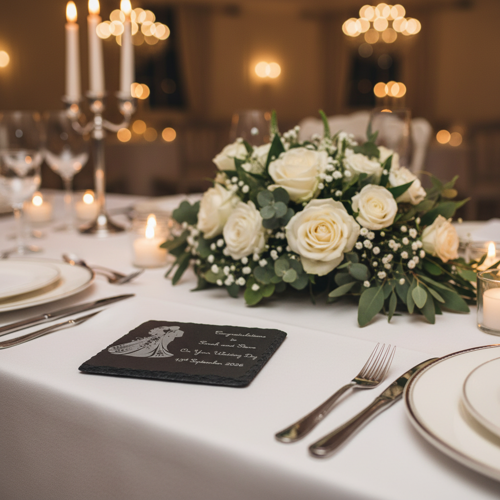 A square dark slate wedding coaster featuring an engraved couple silhouette and personalized text reading 'Congratulations to Sarah and Steve On Your Wedding Day 13th September 2026' on a white background.